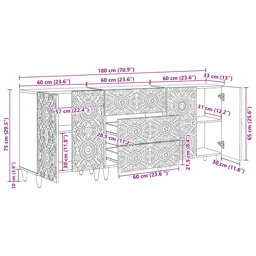 Buffet 3 pcs Marron 60 x 33,5 x 75 cm Bois de mangue massif - 14