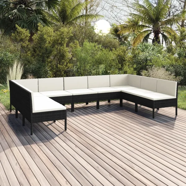 Salon de jardin 9 pcs avec coussins Résine tressée Noir