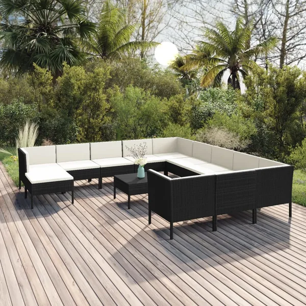 Salon de jardin 13 pcs avec coussins Résine tressée Noir