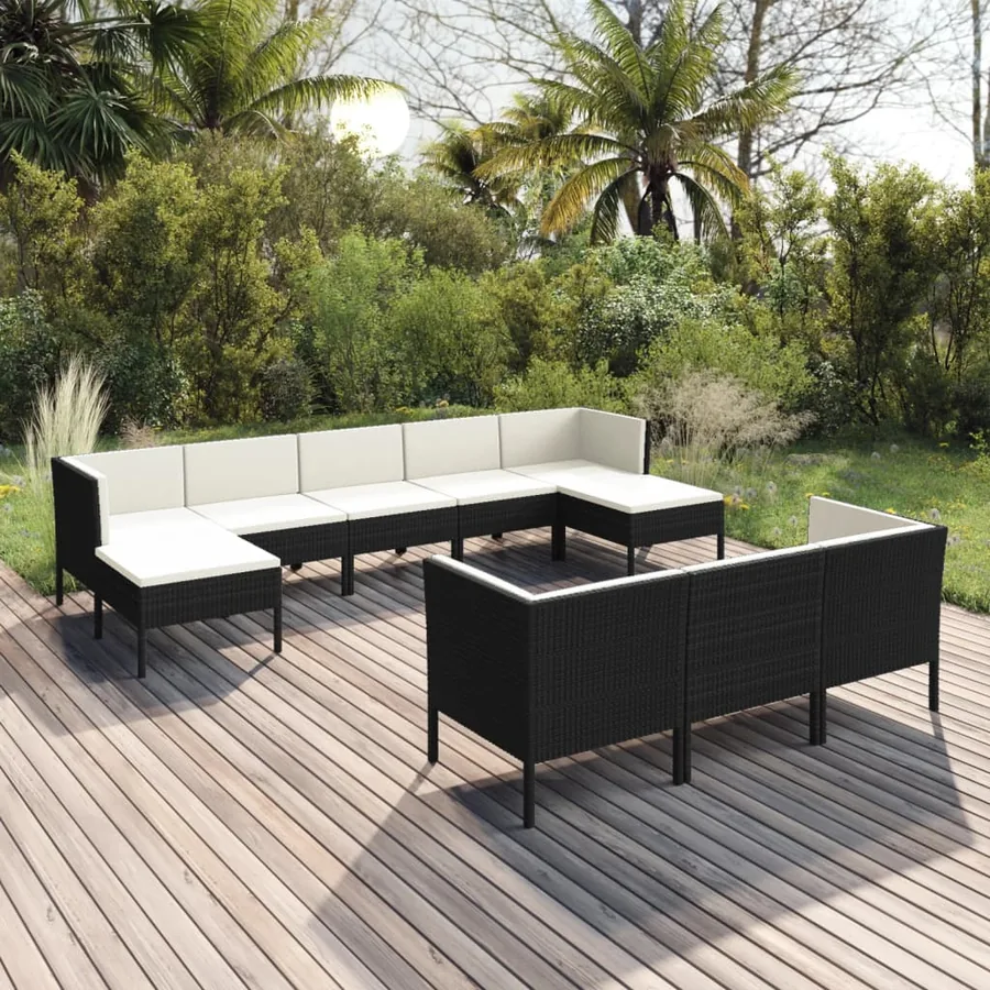 Salon de jardin 10 pcs avec coussins Résine tressée Noir