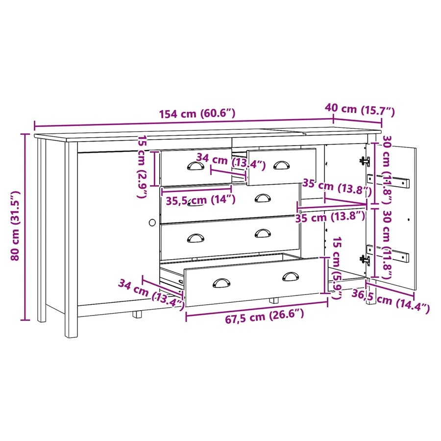 Buffet avec tiroir HILL Marron miel 154 x 40 x 80 cm Pin massif - 10