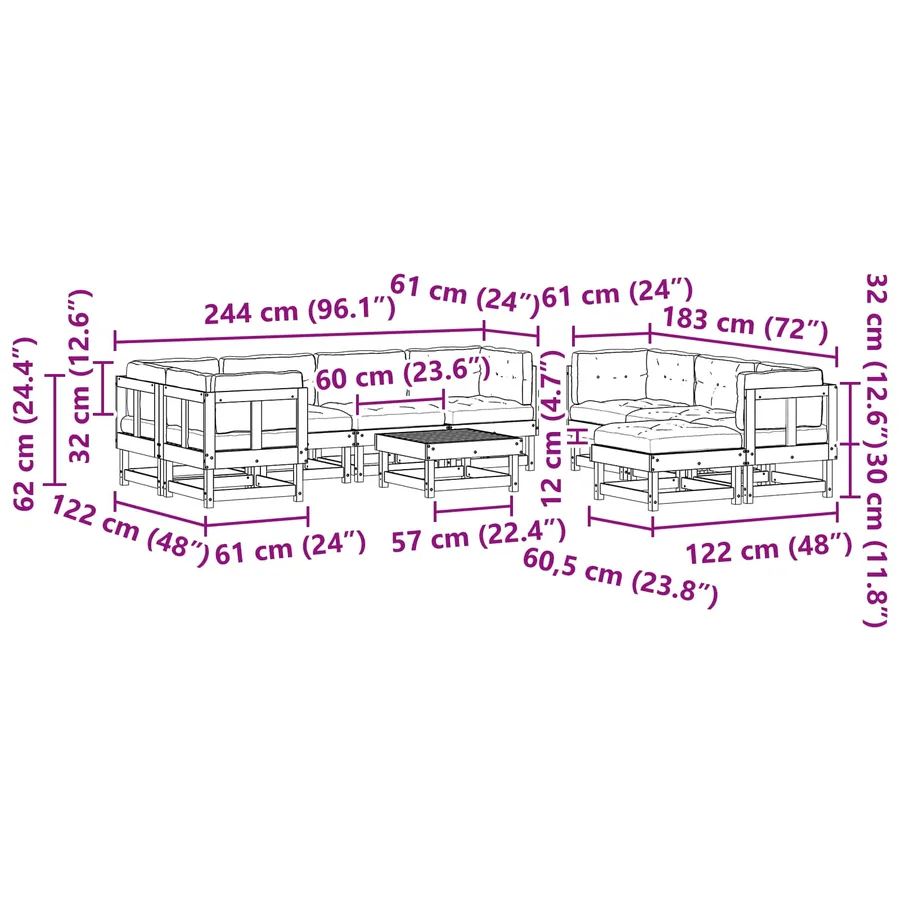Ensemble de salon de jardin 33 pcs Brun cire Bois de pin massif - 9