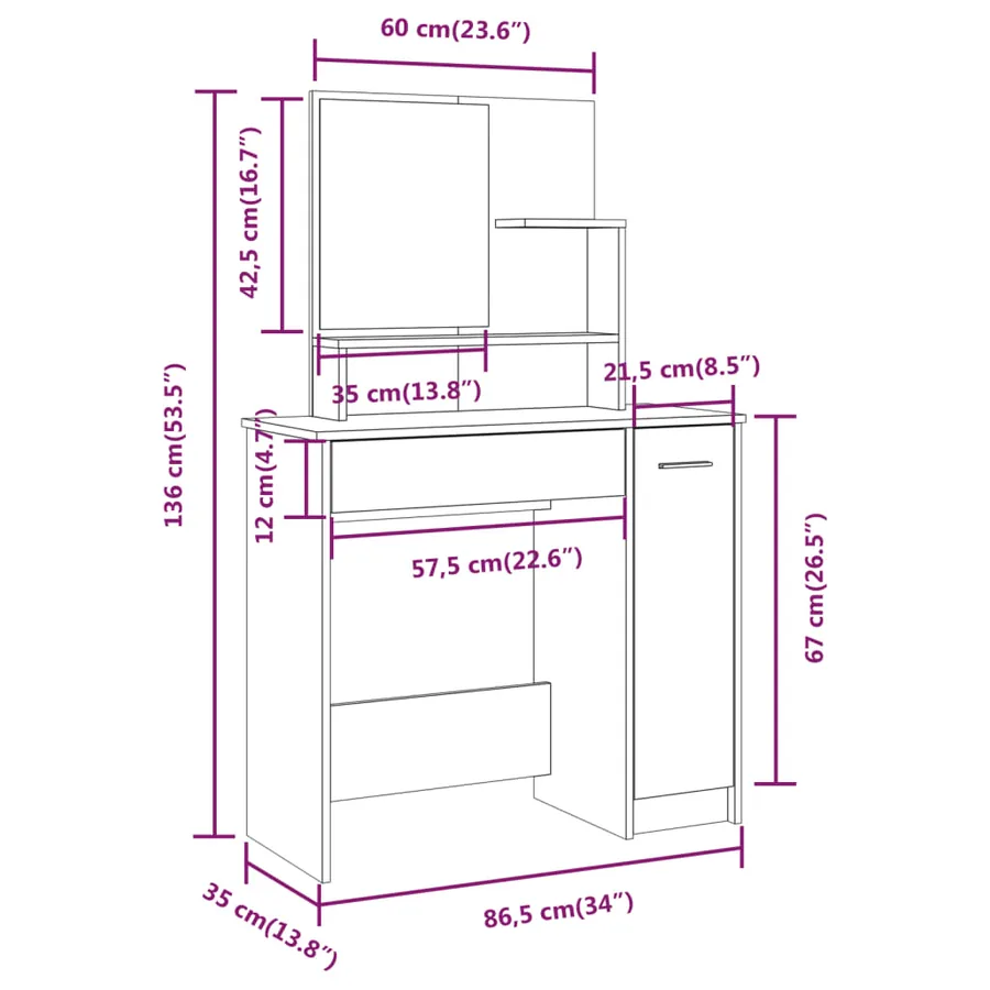 Ensemble de coiffeuse Chêne Sonoma 86,5x35x136 cm - 9