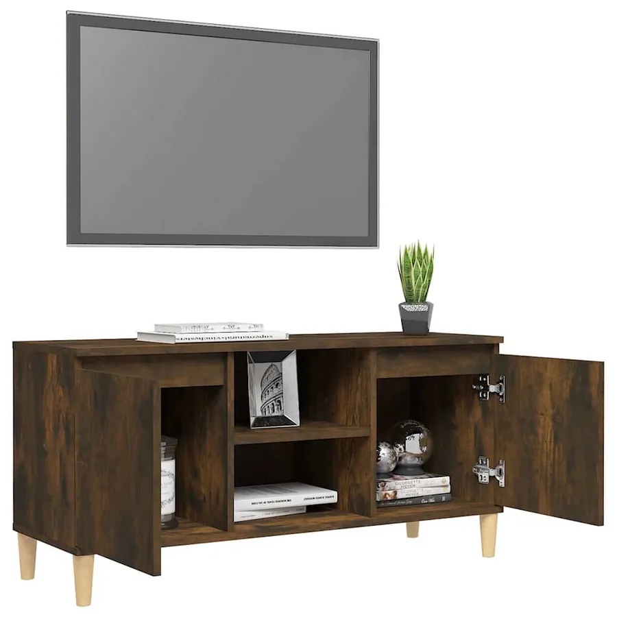 Meuble TV avec pieds en bois solide Chêne fumé 103,5x35x50 cm - 7
