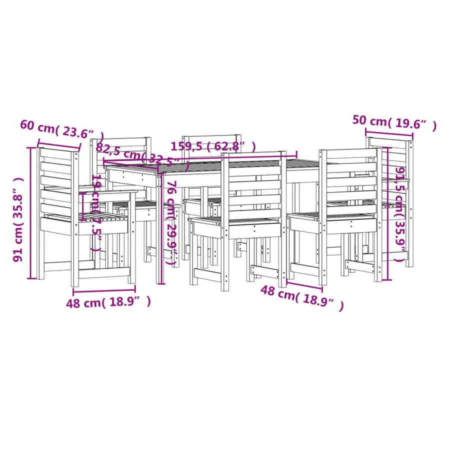 Ensemble à manger de jardin 7 pcs blanc bois massif de pin - 10