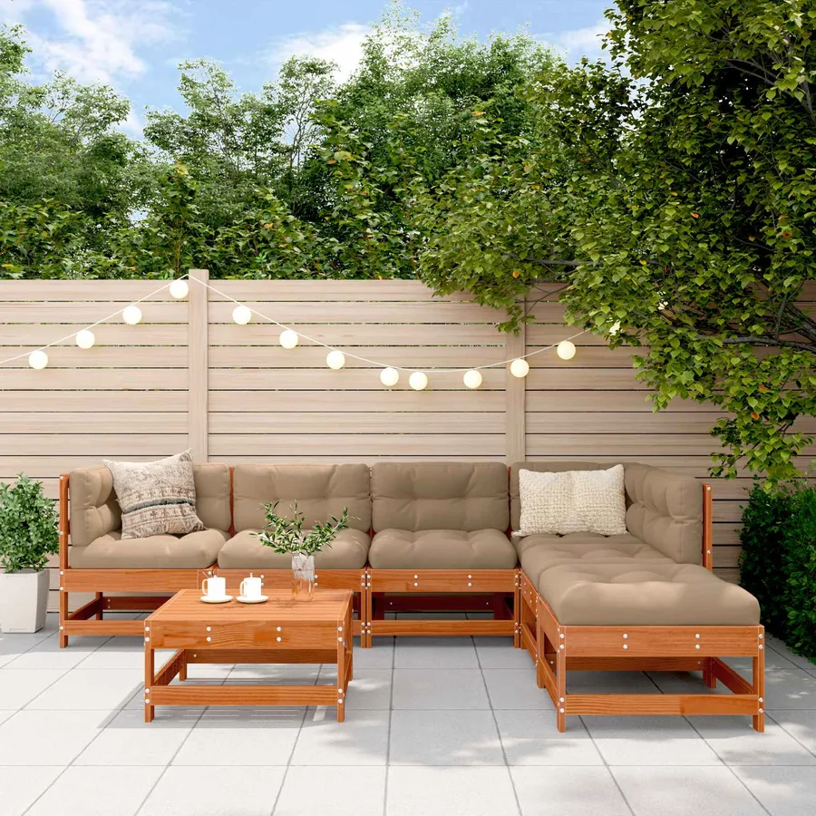 Ensemble de salon de jardin 7 pcs Brun cire Bois de pin massif