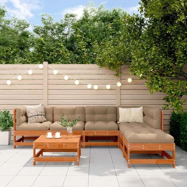 Ensemble de salon de jardin 7 pcs Brun cire Bois de pin massif