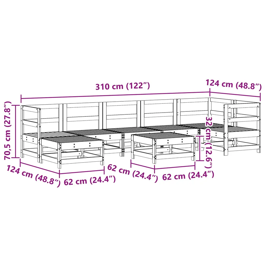 Ensemble de salon de jardin 8 pcs Brun Ciré Pin massif - 7