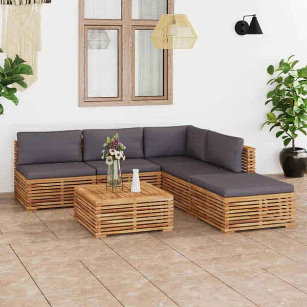 Salon de jardin 6 pcs avec coussin gris foncé bois de teck