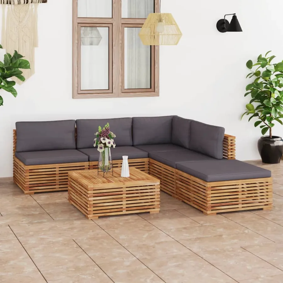 Salon de jardin 6 pcs avec coussin gris foncé bois de teck