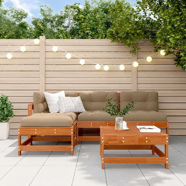Ensemble de salon de jardin 5 pcs Brun cire Bois de pin massif