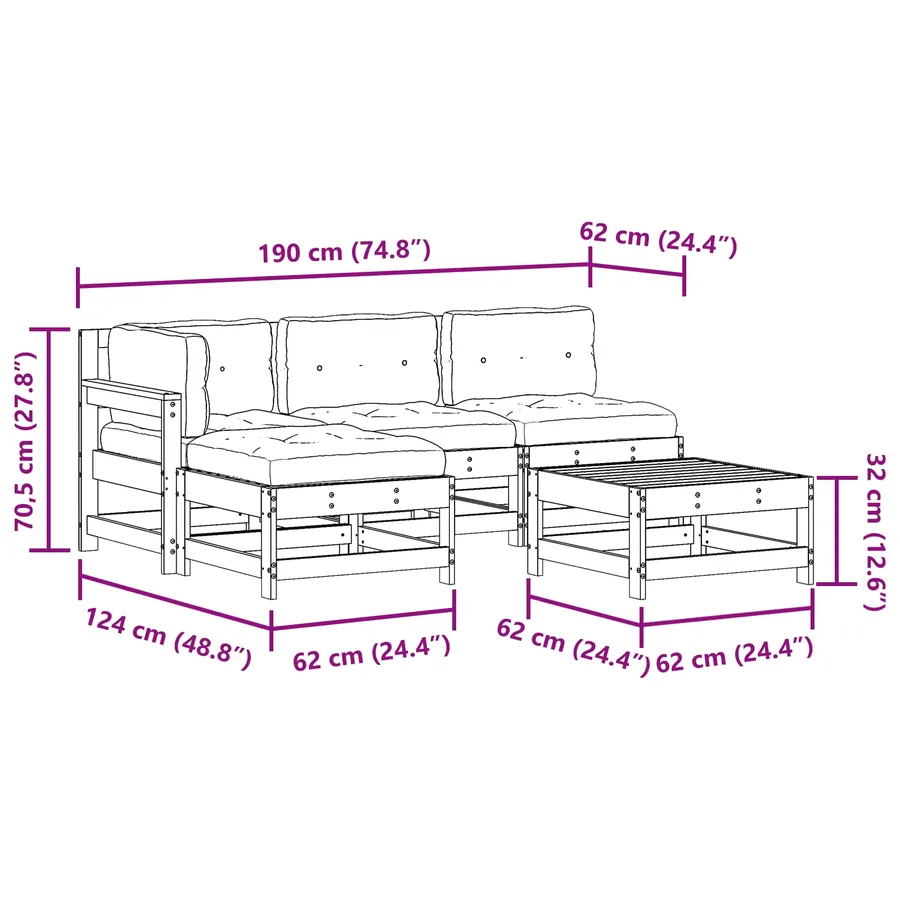 Ensemble de salon de jardin 5 pcs Brun cire Bois de pin massif - 9