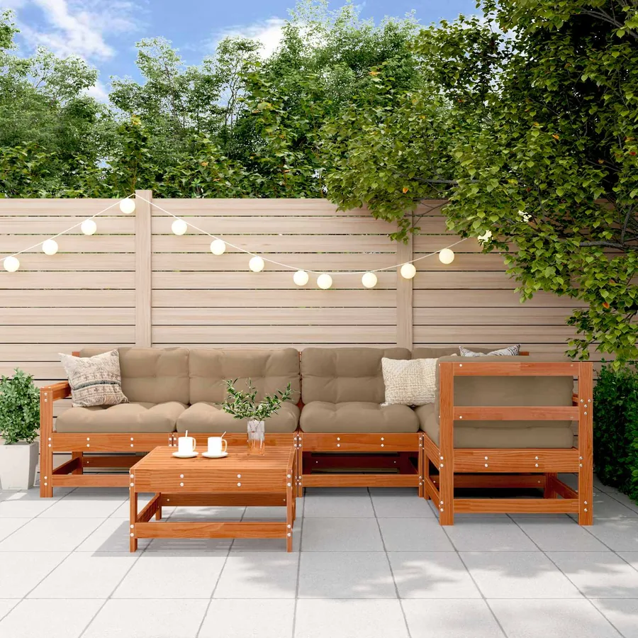 Ensemble de salon de jardin 6 pcs Brun cire Bois de pin massif