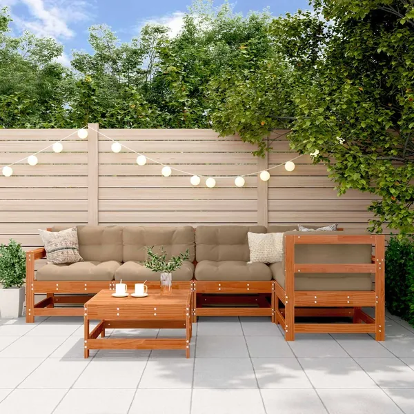 Ensemble de salon de jardin 6 pcs Brun cire Bois de pin massif