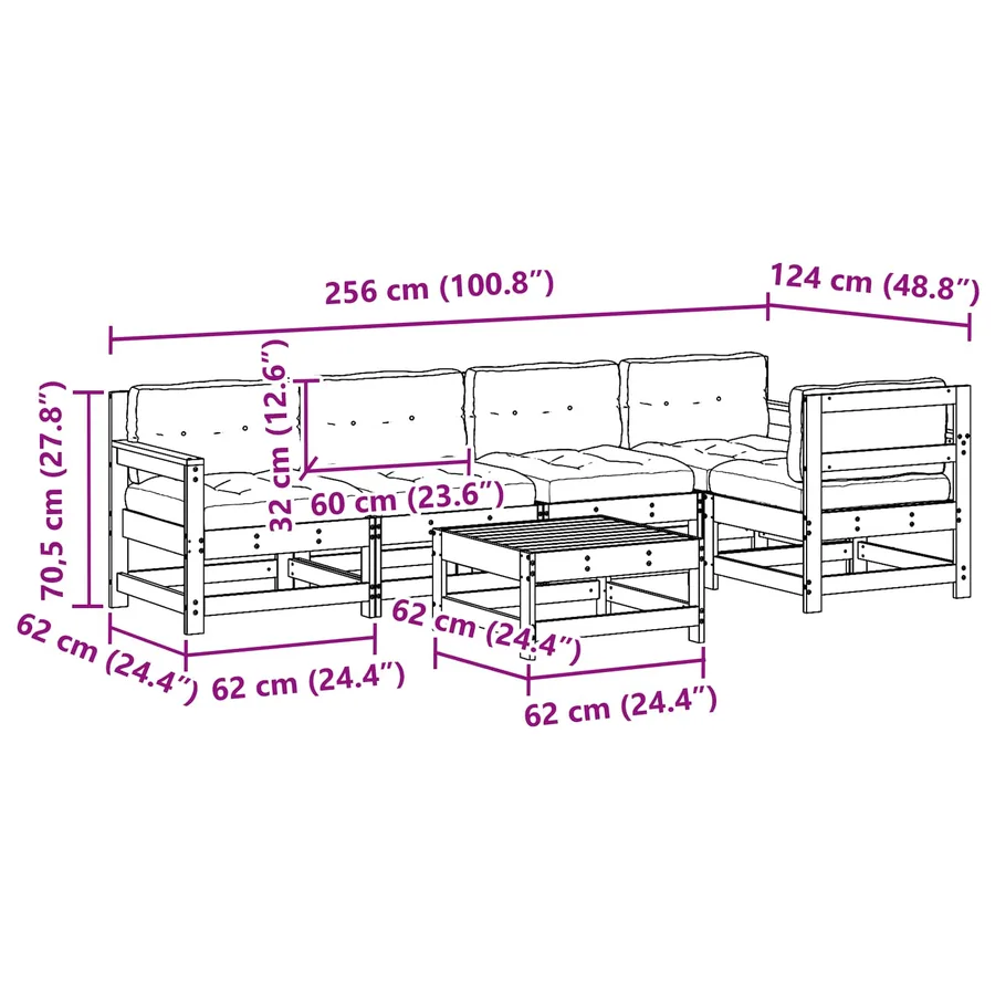 Ensemble de salon de jardin 6 pcs Brun cire Bois de pin massif - 9
