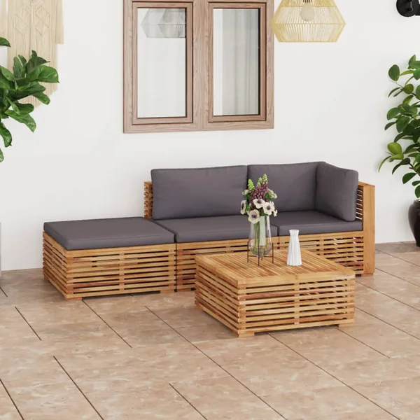 Salon de jardin 4 pcs avec coussin gris foncé Bois de teck