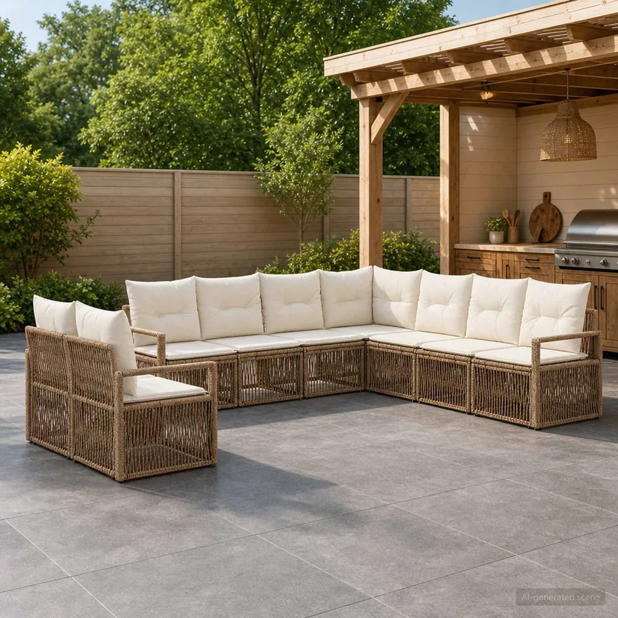 Ensemble de canapé de jardin 9 pcs Beige polyrotin