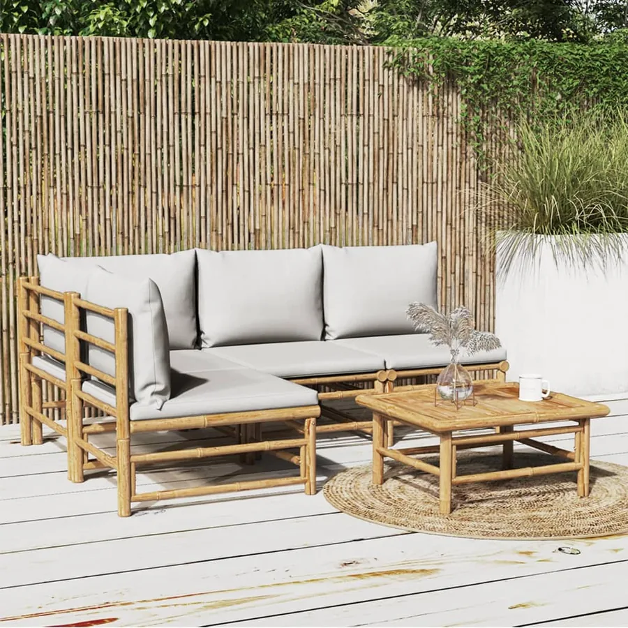 Salon de jardin 5 pcs avec coussins gris clair bambou