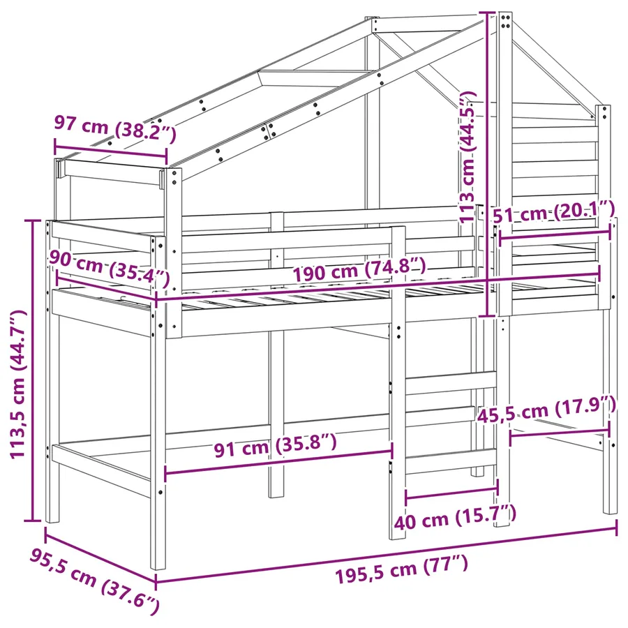Cadre de lit mezzanine Brun Ciré 90 x 190 cm Pin massif - 12