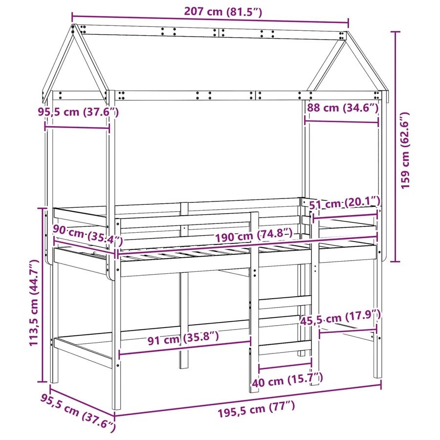 Cadre de lit mezzanine Brun Ciré 90 x 190 cm Pin massif - 12