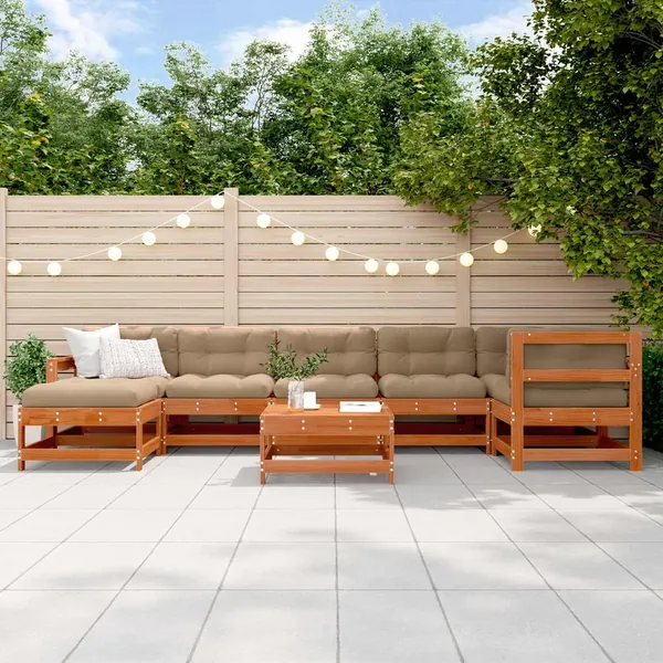 Ensemble de salon de jardin 8 pcs Brun cire Bois de pin massif