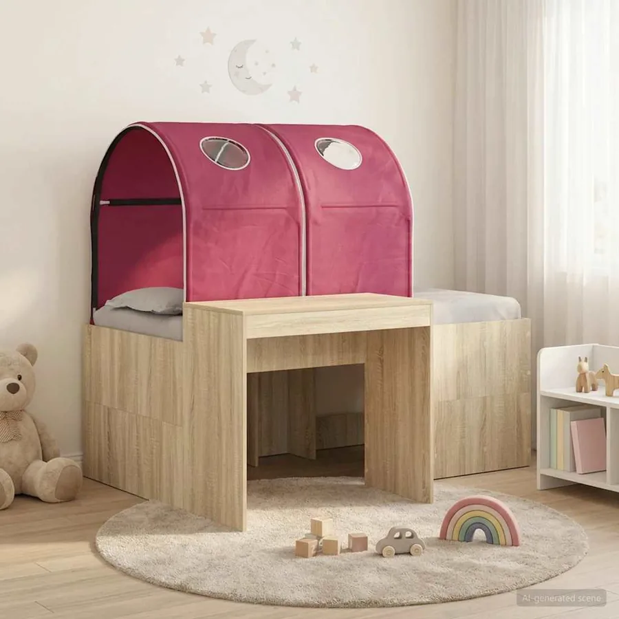 Lit avec Tunnel 3 pc Chêne Artisanal et Rouge Bois d'ingénierie