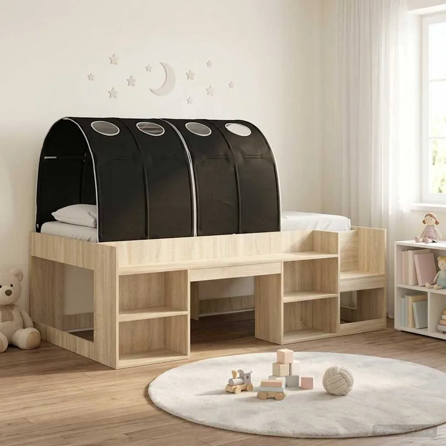 Cadre de lit avec tunnel avec étagère 3 pc Chêne Sonoma et noir