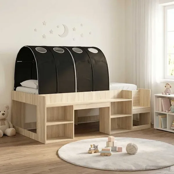 Cadre de lit avec tunnel avec étagère 3 pc Chêne Sonoma et noir