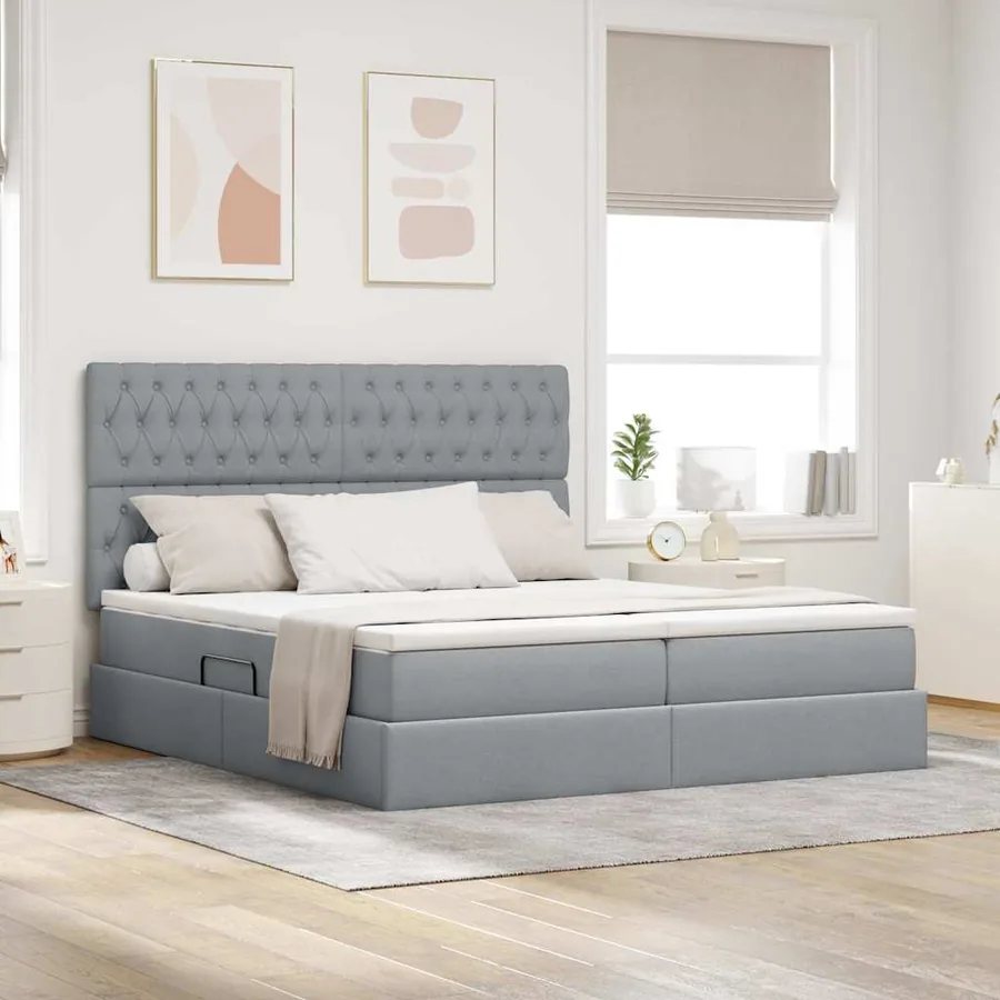 Lit de rangement LED avec matelas Gris clair 200 x 200 cm Tissu