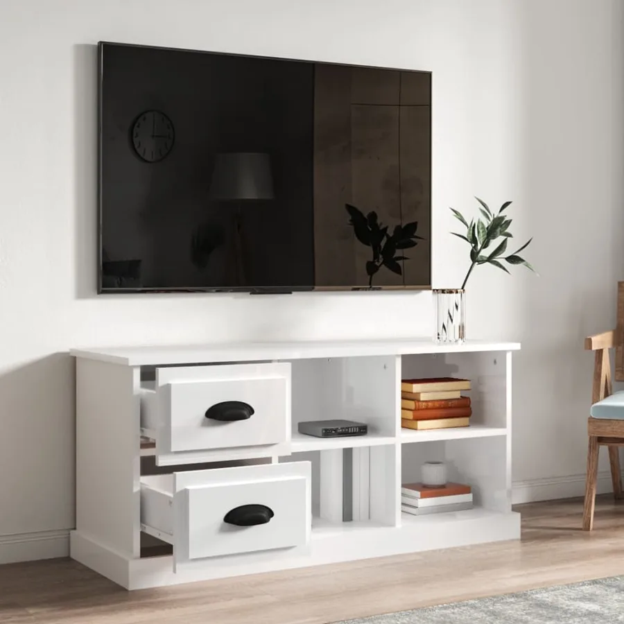 Meuble TV blanc brillant 102x35,5x47,5 cm bois d'ingénierie - 3