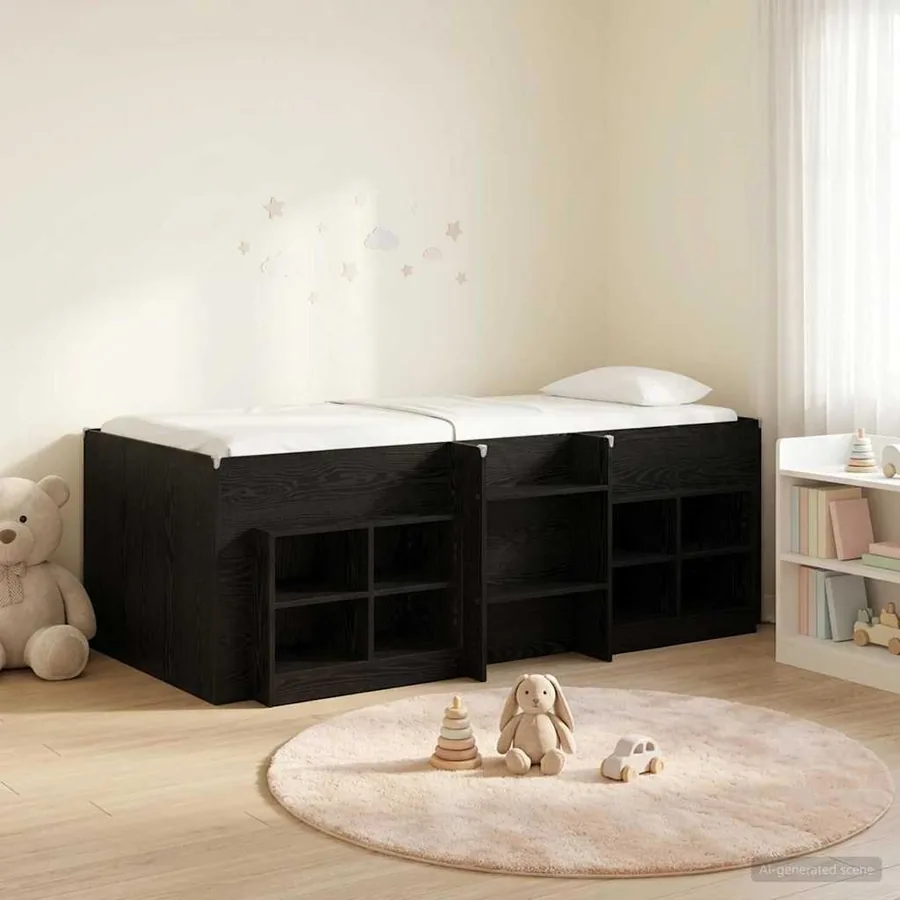 Cadre de lit en loft avec armoire 3 pc Noir Bois d'ingénierie