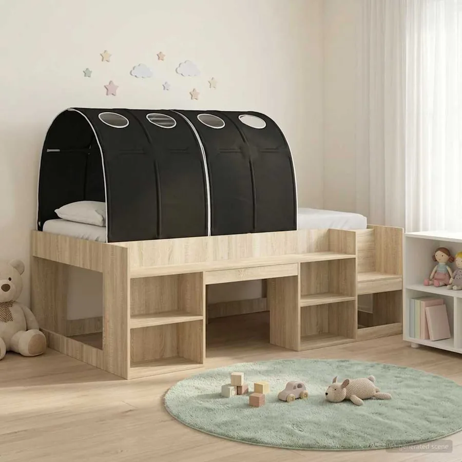 Cadre de lit avec tunnel avec étagère 3 pc Chêne Sonoma et noir