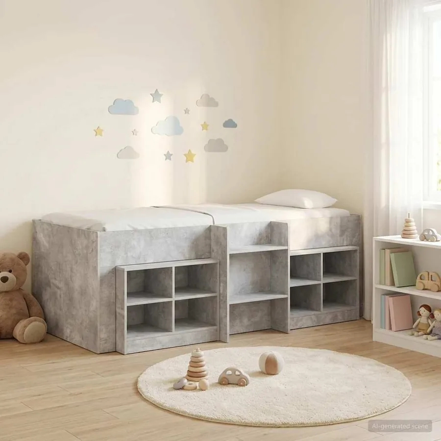 Cadre de lit en loft avec armoire avec étagère 3 pc Gris béton