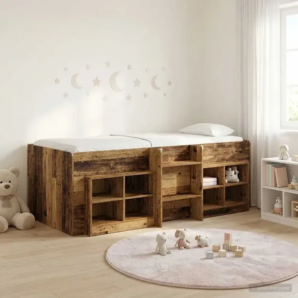 Cadre de lit en loft avec armoire avec étagère 3 pc Bois ancien