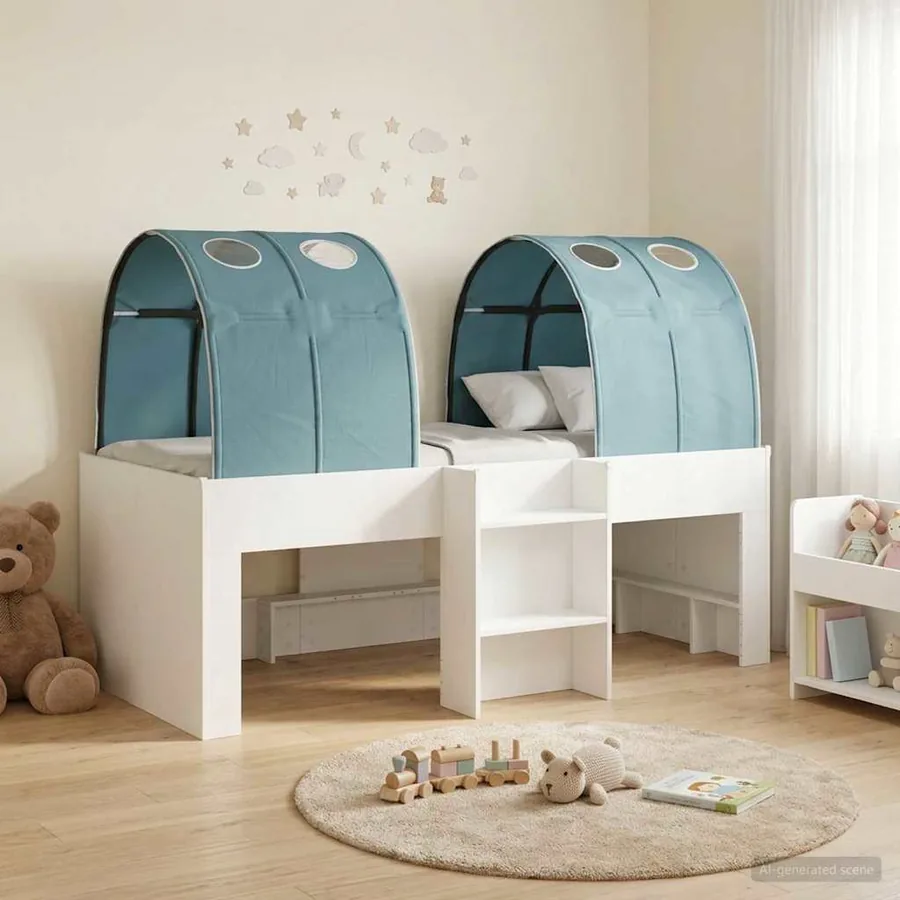 Lit avec Tunnel 3 pc Blanc et bleu clair Bois d'ingénierie