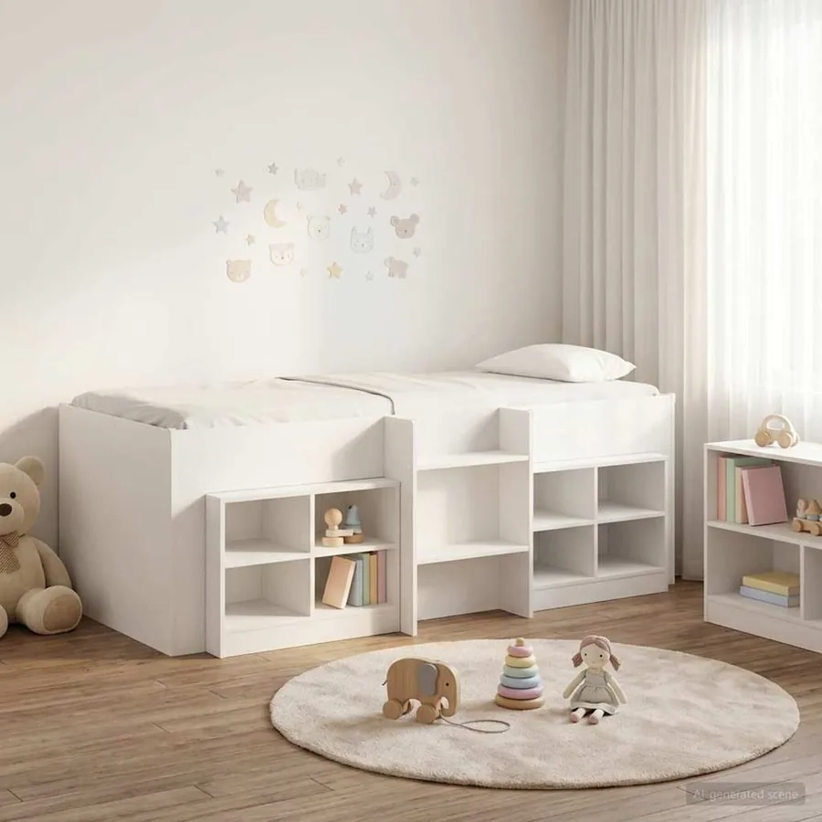 Cadre de lit en loft avec armoire 3 pc Blanc Bois d'ingénierie