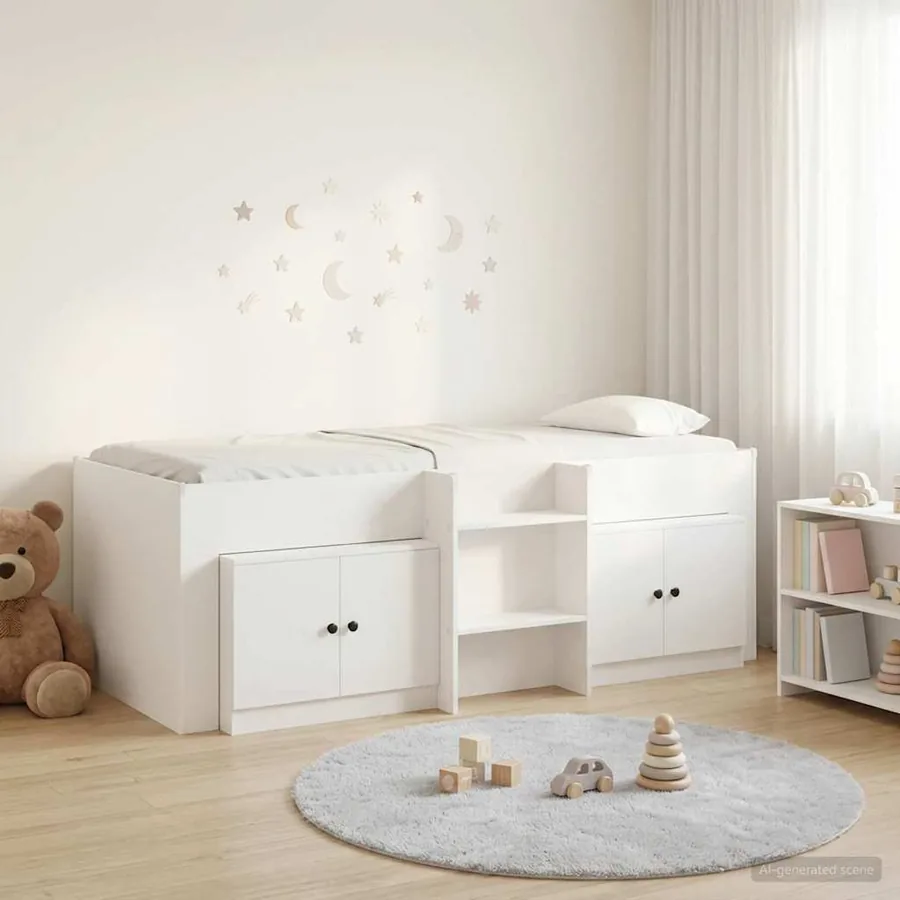 Cadre de lit en loft avec armoire 3 pc Blanc Bois d'ingénierie