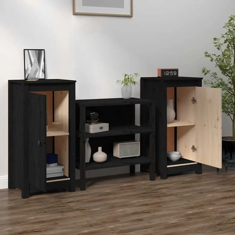 Buffets 2 pcs noir 39x35x80 cm bois massif de pin - 3