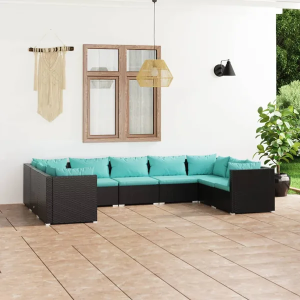 Salon de jardin 9 pcs avec coussins Résine tressée Noir