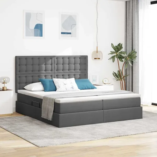 Lit de rangement LED avec matelas Gris foncé 200 x 200 cm Tissu