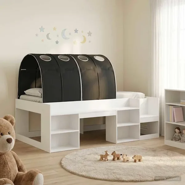 Lit avec Tunnel 3 pc Blanc et noir Bois d'ingénierie