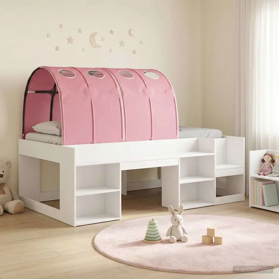 Lit avec Tunnel 3 pc Blanc et rose Bois d'ingénierie