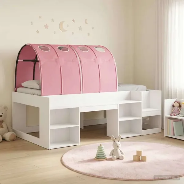 Lit avec Tunnel 3 pc Blanc et rose Bois d'ingénierie