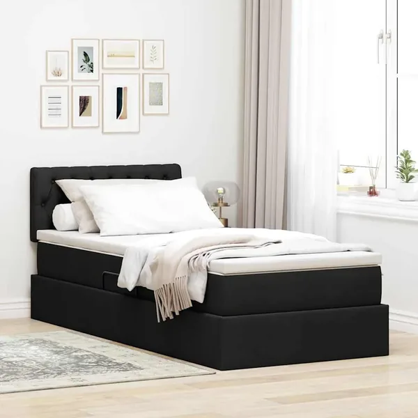 Lit avec rangement et matelas avec tête de lit Noir 90 x 200 cm