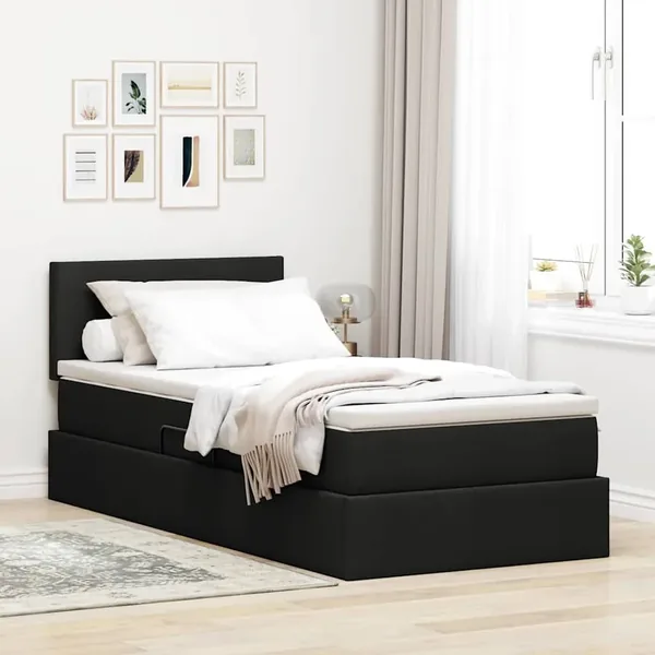 Lit avec rangement et matelas avec tête de lit Noir 90 x 200 cm