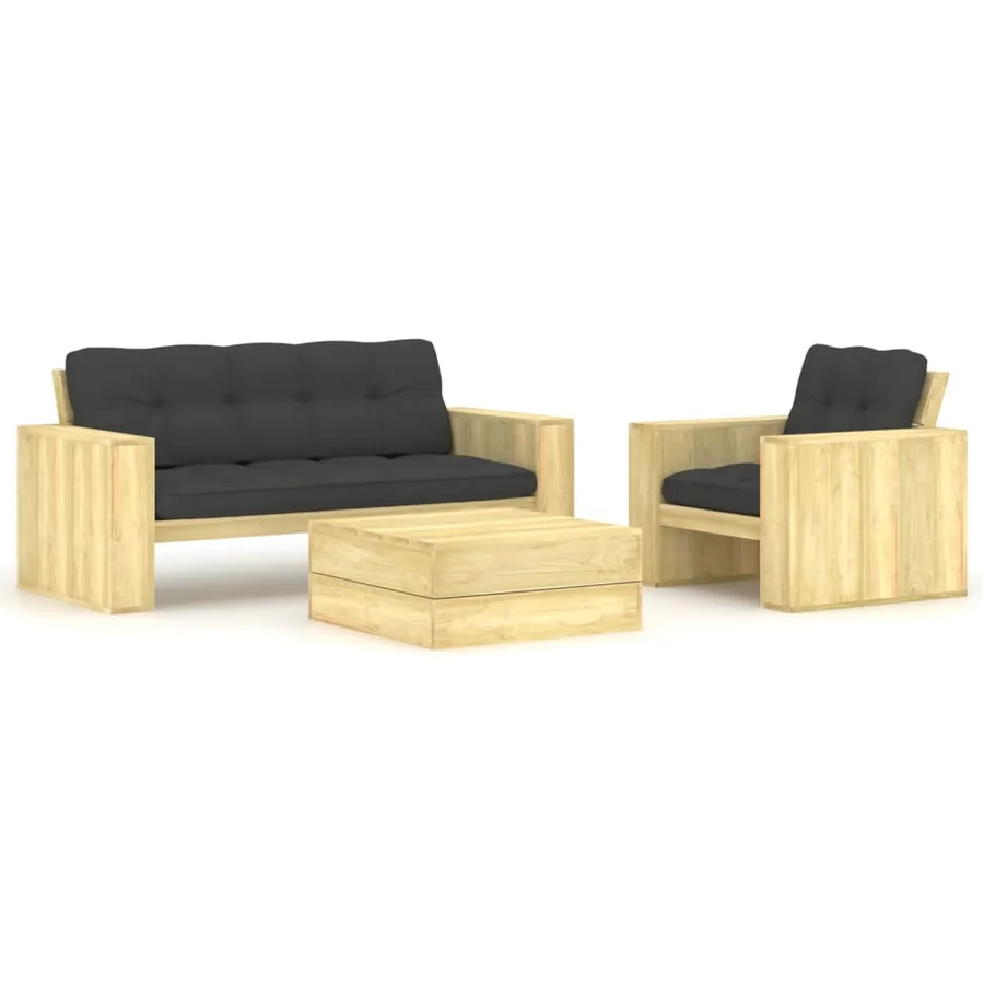 Salon de jardin 3 pcs avec coussins bois de pin imprégné