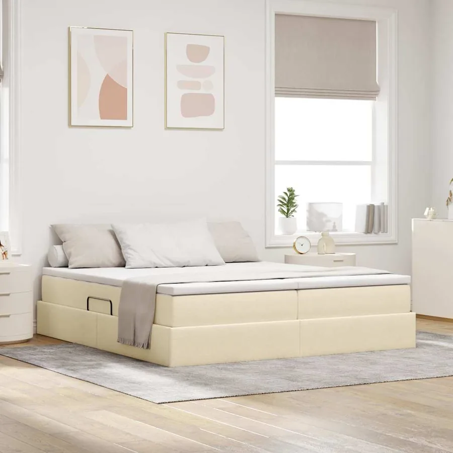 Lit avec rangement et matelas Crème 200 x 200 cm Polyester