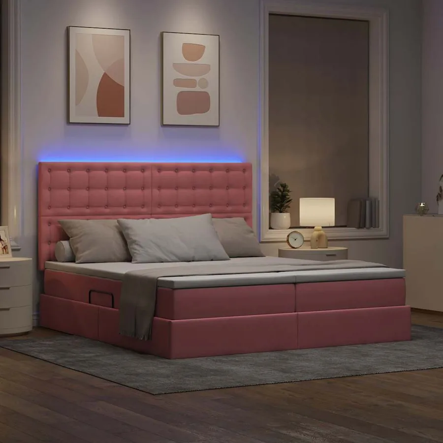 Lit de rangement LED avec matelas Rose 200 x 200 cm Velours - 5