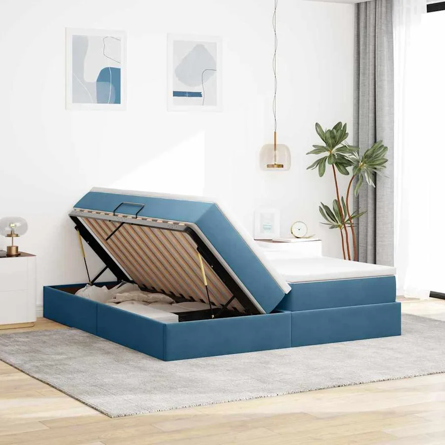 Lit avec rangement et matelas Bleu foncé 200 x 200 cm Velours - 4
