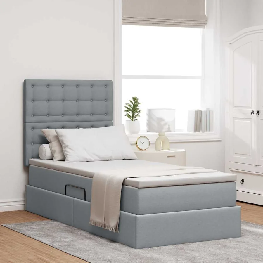 Lit de rangement LED avec matelas Gris clair 90 x 200 cm Tissu